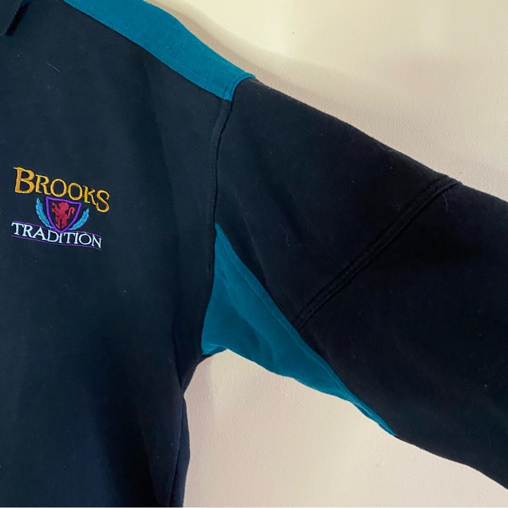 Vintage Brooks Tradition Rugby Collar Sweatshirt Navy Teal Embroidered Logo Med - Picture 6 of 15